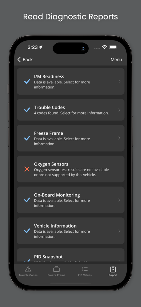 OBD Fusion app diagnostic report screen showing vehicle health checks like trouble codes and emissions readiness