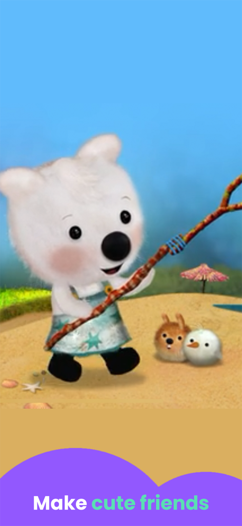 Adventure Games: for Kids - A white bear character holding a fishing rod on a beach in the Adventure Games for Kids app with text saying Make cute friends.