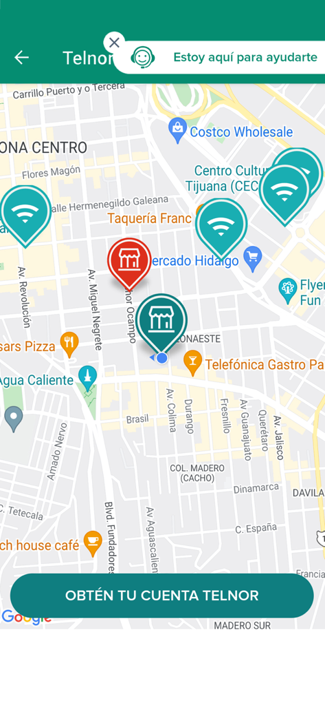 Carte montrant les centres de services Telnor et les points d'accès Wi-Fi à Tijuana