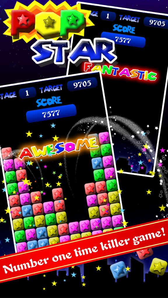 Colorful star themed block puzzle game gameplay showing scores and star effects