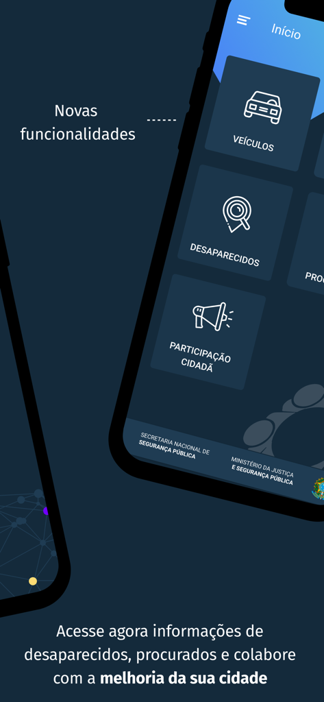 Sinesp Cidadão - Sinesp Cidadao app home screen displaying icons for vehicle checks, missing persons, and citizen participation