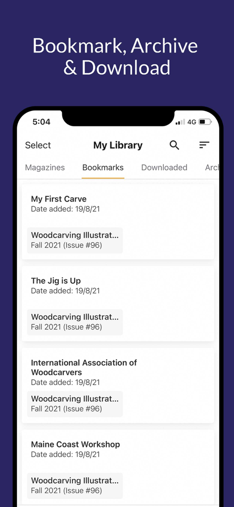 Woodcarving Illustrated - Woodcarving Illustrated app library interface showing bookmarked carving projects