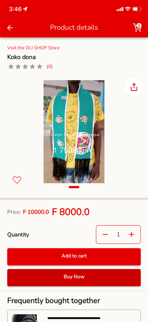 Yugo - Página de detalhes do produto do aplicativo Yugo mostrando um cachecol à venda com botões de comprar agora e adicionar ao carrinho