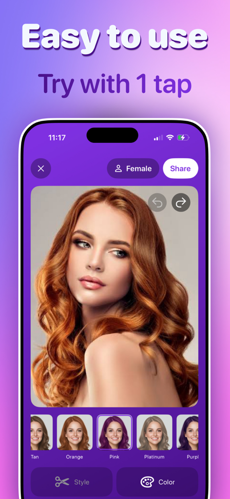 Interface of HairLab app showing a woman virtually trying on different hair colors with a single tap