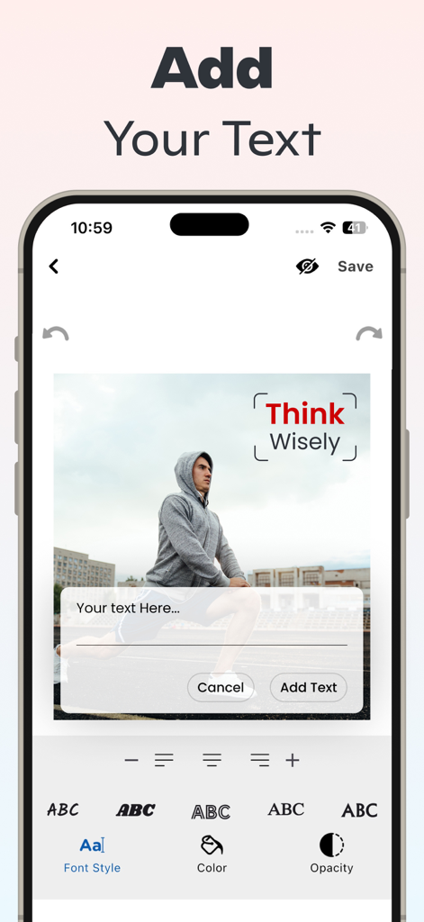 Background Remover - BG Editor - Interface of the app showing the text editor tool with options for font style color and opacity on a photo