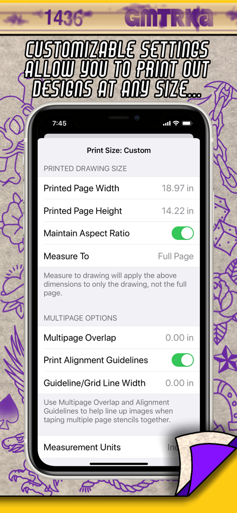 Interfaz de la aplicación Tattoo Print System que muestra ajustes de tamaño personalizados y opciones de mosaico de stencil de varias páginas.