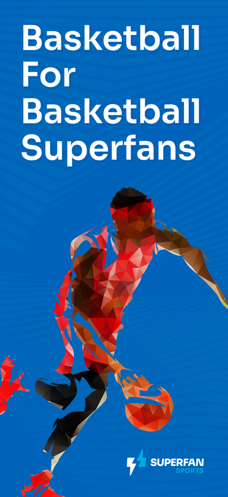 Superfan Sports Pro Basketball - Promotional graphic for Superfan Sports Pro Basketball app featuring a low-poly basketball player illustration