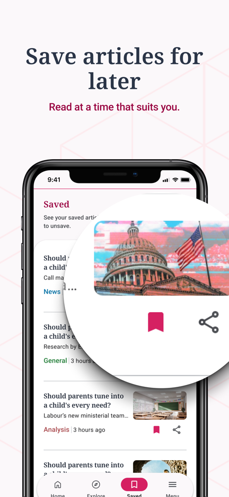 Captura de tela do aplicativo Tes Magazine mostrando o recurso para salvar notícias e artigos de pesquisa sobre educação para leitura posterior em um iPhone.