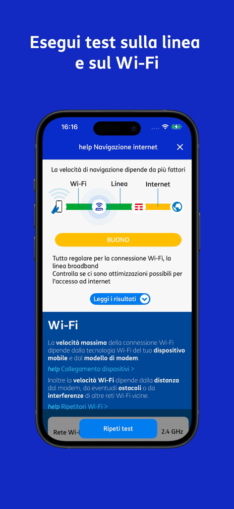 TIM Modem - Mobile interface of TIM Modem app performing a network and wifi connection speed test.