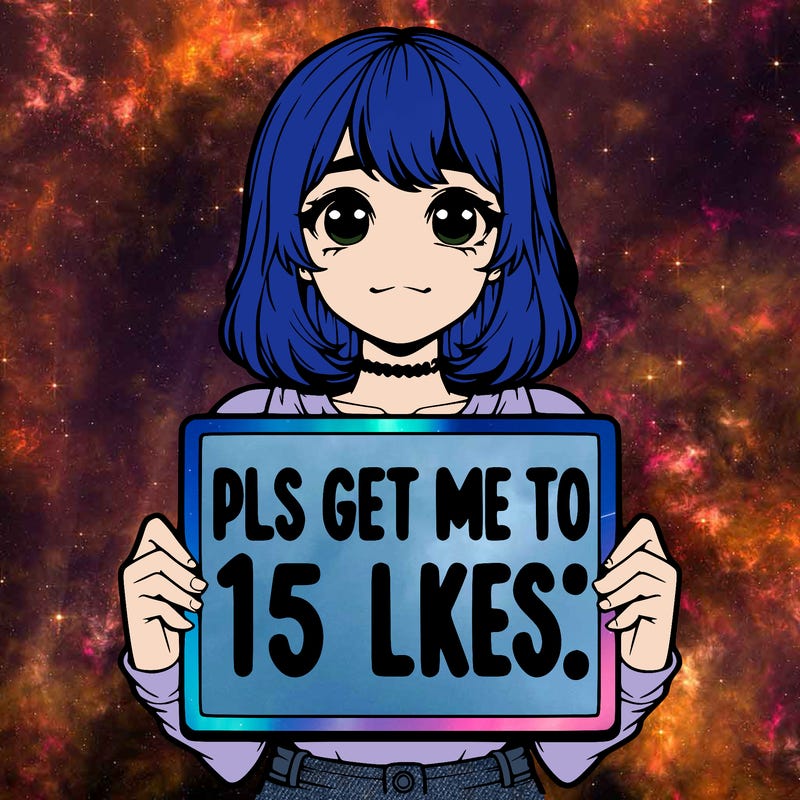 realistic girl holding up a sign that says “pls get me to 15 likes!”