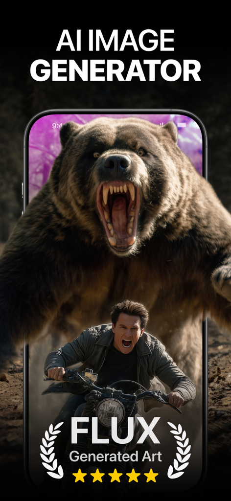 Image IA réaliste générée d'un grizzly rugissant et d'un homme sur une moto affichée dans l'interface de l'application Flux Kontext
