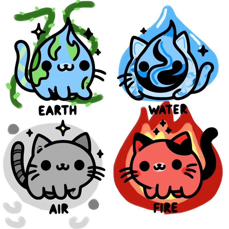 4 cats that represent the different elements, earth, water, air, and fire