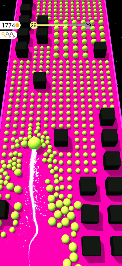 A yellow ball moving through a field of yellow spheres and black cube obstacles on a pink track in Color Bump 3D.
