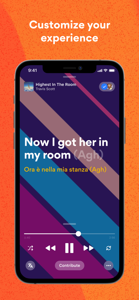 Musixmatch app interface showing synchronized lyrics and translation for a song on a colorful background.
