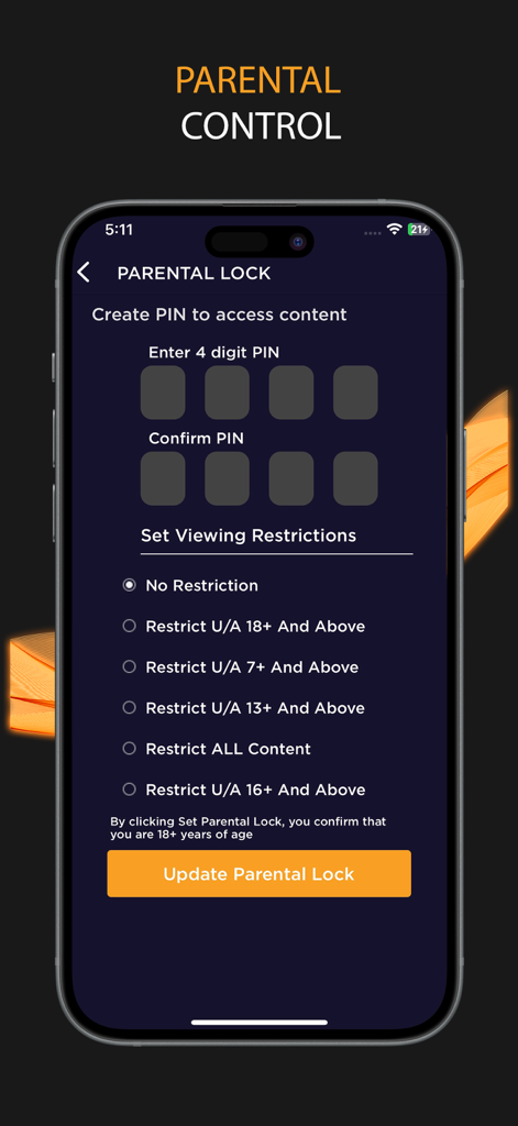 Mastii: OTT, Web Series, Shows - Parental lock screen in the Mastii app showing PIN setup and content viewing restrictions based on age ratings.