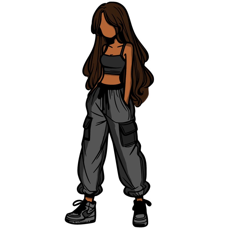 girl in baggy pants crop top and long hair