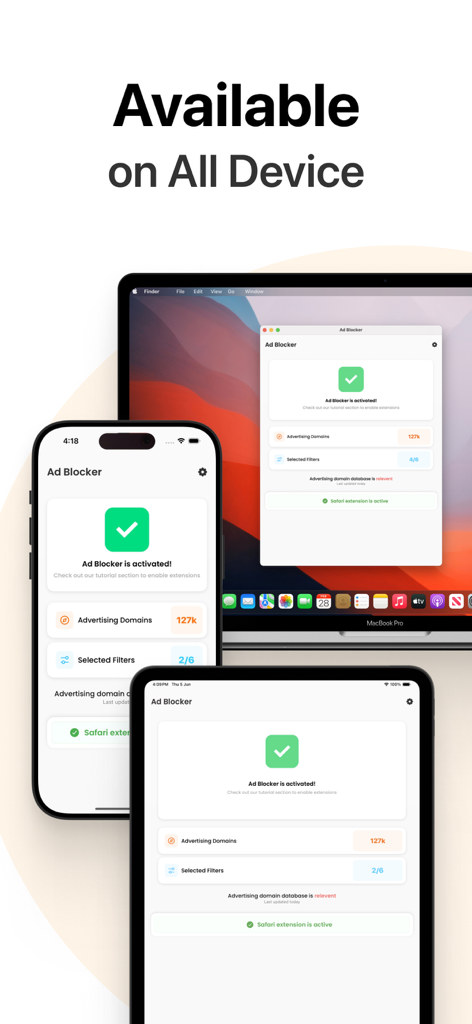 Oberfläche der Ad Blocker App, die auf iPhone, iPad und MacBook Pro aktiv ist