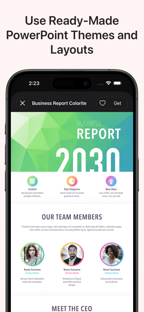A preview of professional business report presentation themes and layouts for Microsoft PowerPoint on a mobile device.