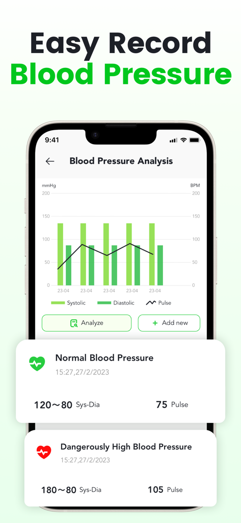 Daily Health-BMI & BP Tracker - A smartphone showing a blood pressure analysis chart with normal and high pressure status indicators in the Daily Health app.