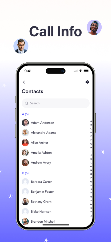 AnyCall: Call From Any Number - Contact list view within the AnyCall app showing several names and profile pictures on an iPhone screen