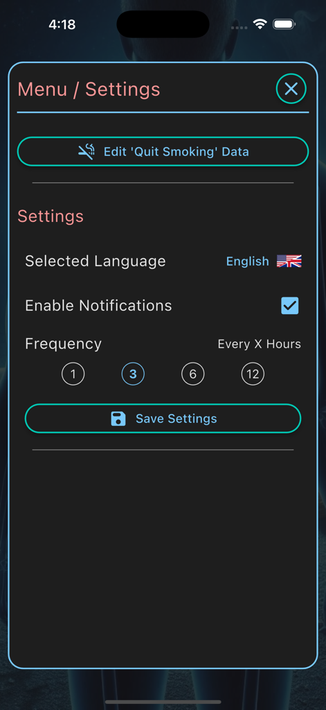 The settings menu of the Quit Smoking Progress app showing options for language, notifications, and notification frequency.
