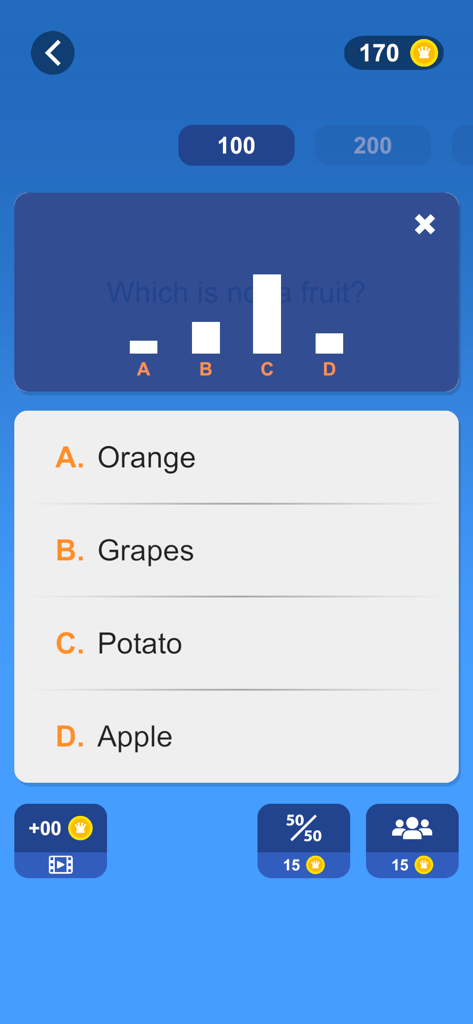 Millionaire Quiz - Pantalla de juego de Millonario Quiz con una pregunta de trivia y la ayuda del público activa