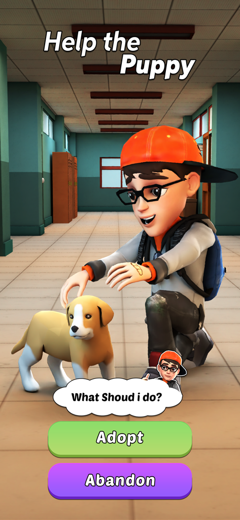Nick the student kneeling next to a puppy with choice buttons to adopt or abandon in a school corridor