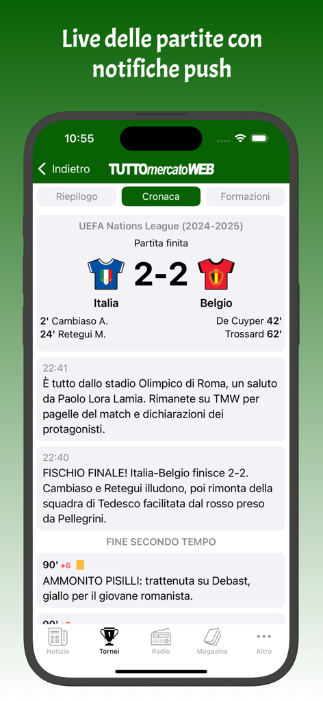 Marcadores y comentarios de partidos de fútbol en vivo en la aplicación TuttoMercatoWeb.