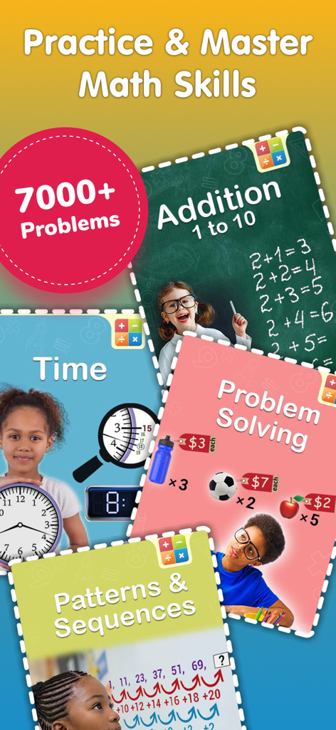 Books For Kids: Reading & Math - Interfaz de aplicación educativa que muestra varios módulos de aprendizaje de matemáticas, incluyendo suma, tiempo y resolución de problemas para niños.