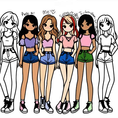 a group of girls wearing crop tops and shorts
