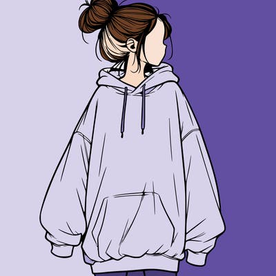 realistic girl with a oversized sweatshirt on and a bun