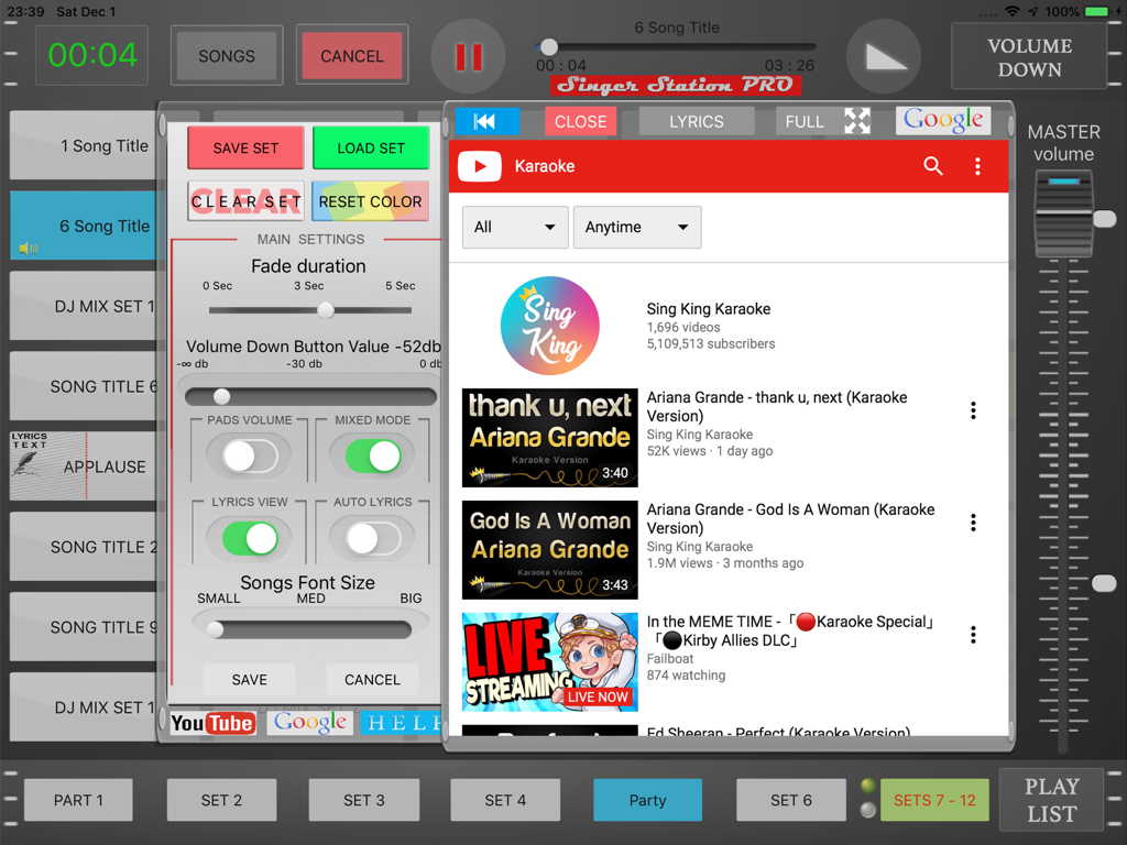 Singer Station PRO - Oberfläche von Singer Station PRO mit Audioeinstellungen und integrierter YouTube-Suche für Karaoke-Titel.