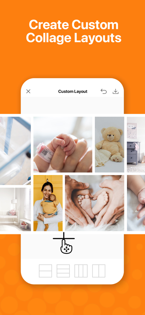 Interface of the Pic Stitch app showing how to create and customize a photo collage layout with baby pictures