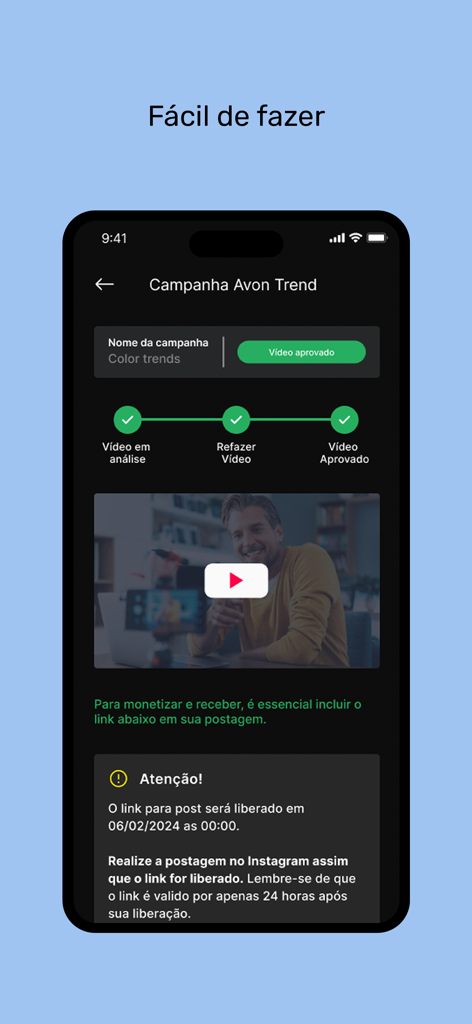 D-Influencers - The D-Influencers app interface showing a brand campaign workflow with video approval status and Instagram posting instructions