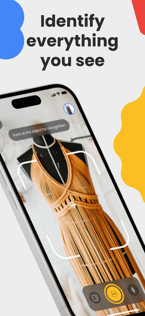 Lens - AI Photo Scanner - Un smartphone usando Lens AI Photo Scanner para identificar un vestido en un maniquí.