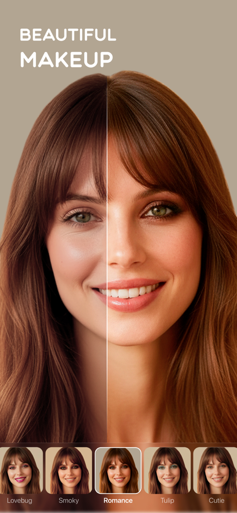 Faceon: Photo Editor & Effects - A split-screen showing a before and after comparison of digital makeup effects on a woman's face with various filter options at the bottom.