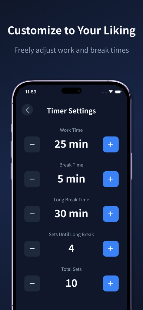 pomo - Pomodoro Focus Timer - Screenshot des pomo App Timer-Einstellungen-Bildschirms mit Optionen zur Anpassung von Arbeits- und Pausenzeiten