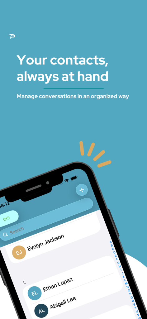 Pedius - Interface da lista de contatos do aplicativo Pedius mostrando conversas e contatos organizados