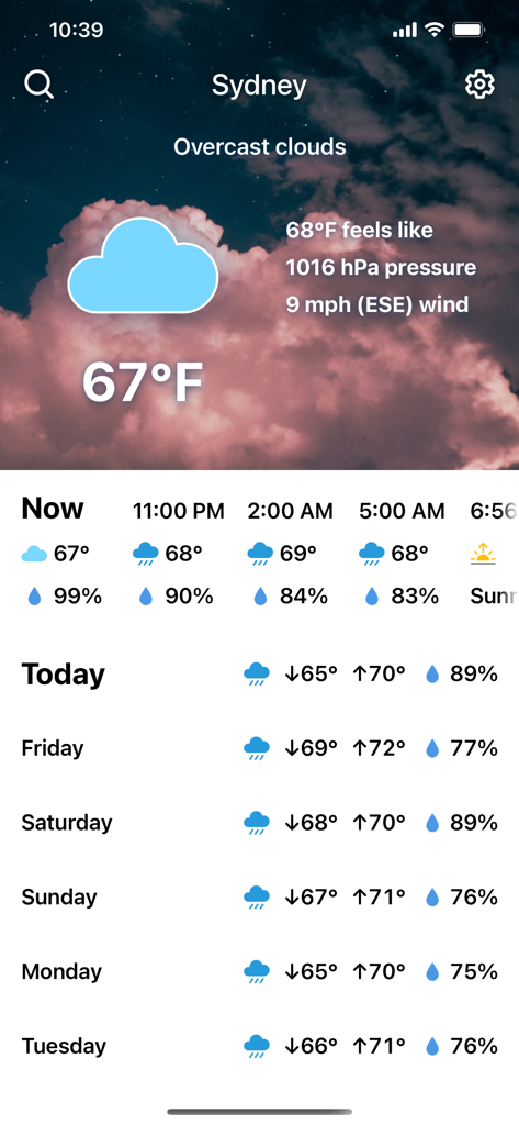 Weather and Climate Tracker app showing a clear forecast for Sydney with high contrast and large text.
