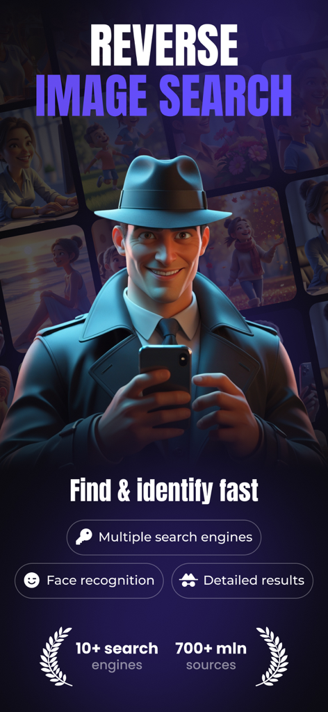 Interface do aplicativo de busca reversa de imagens com um personagem detetive destacando reconhecimento facial e múltiplos mecanismos de busca