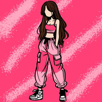 girl in baggy pants crop top and long hair