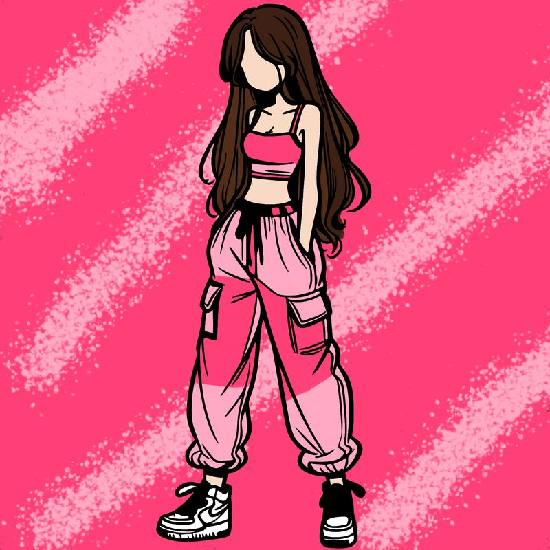 girl in baggy pants crop top and long hair