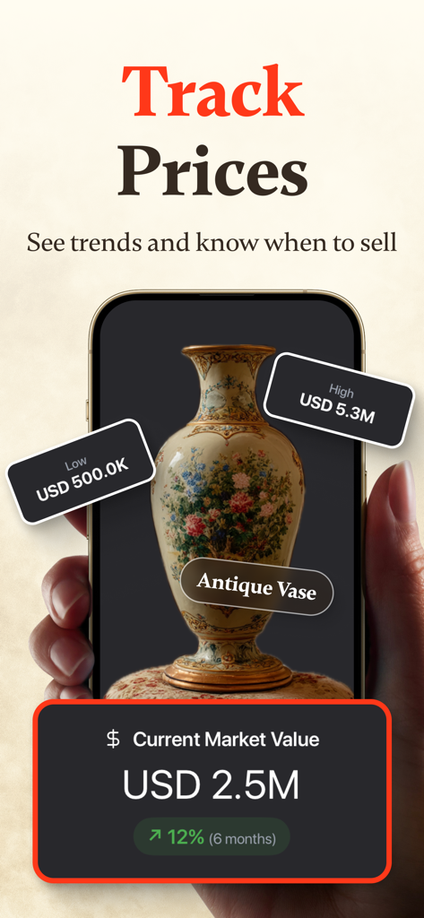 AI Antique Identifier - Antiqo - Un smartphone mostrando la aplicación Antiqo con el valor de mercado actual y las tendencias para un jarrón antiguo