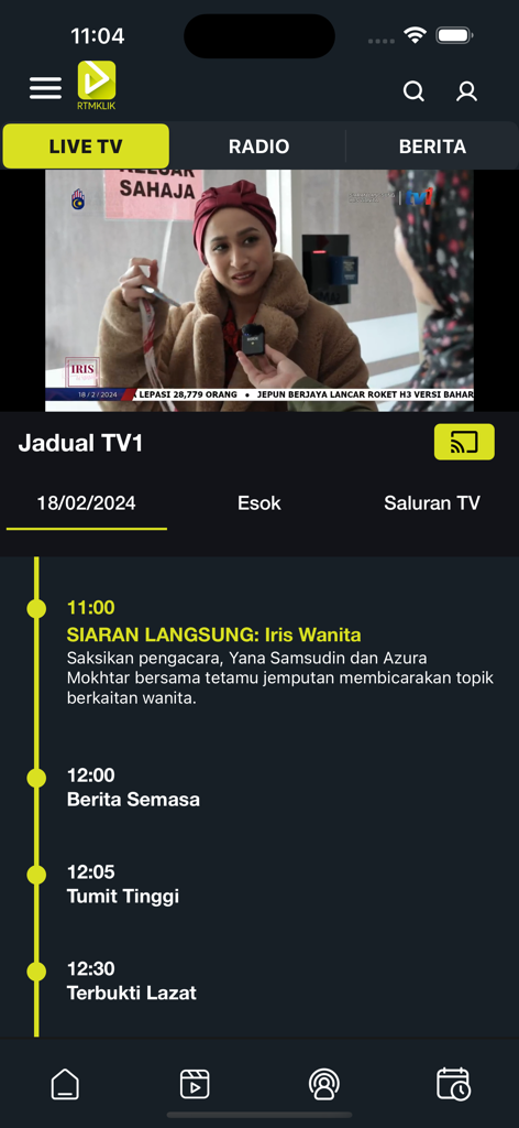 RTMKlik app interface showing the TV1 live stream and daily program schedule.