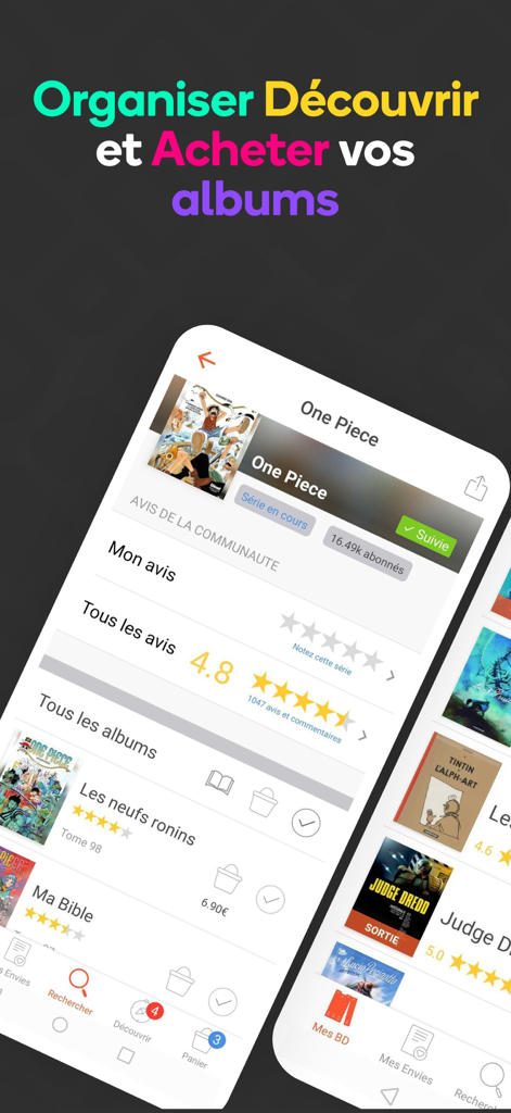 Bubble BD Manga Comics - The Bubble app interface showing a manga series page with collection details and user reviews