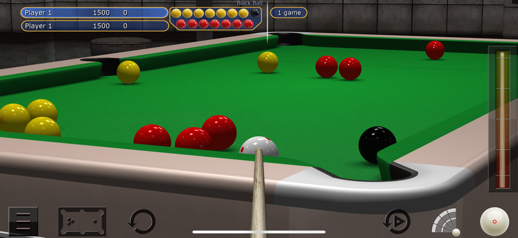 A first person view of a snooker match on a green billiards table in Virtual Pool
