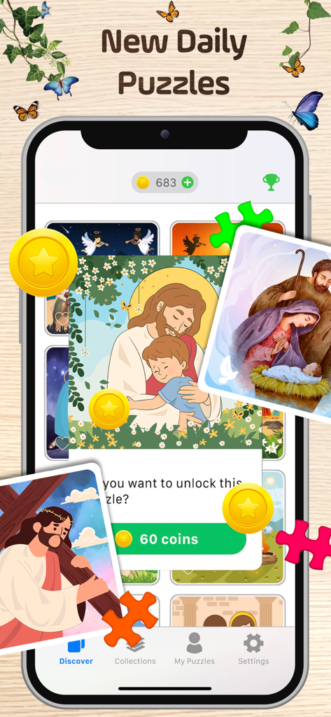 Interfaz de la aplicación Bible Puzzles mostrando nuevos rompecabezas diarios con ilustraciones de Jesús abrazando a un niño y la escena de la Natividad.