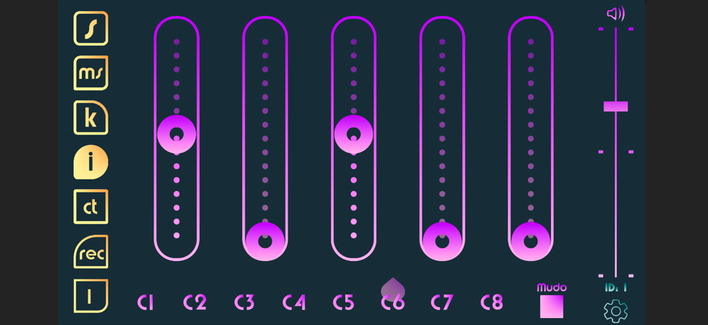 Mobile Benutzeroberfläche von Aglaya Play Control mit vertikalen Schiebereglern und Steuerelementen für kollaborative Musikproduktion