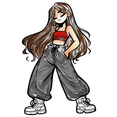 girl in baggy pants crop top and long hair