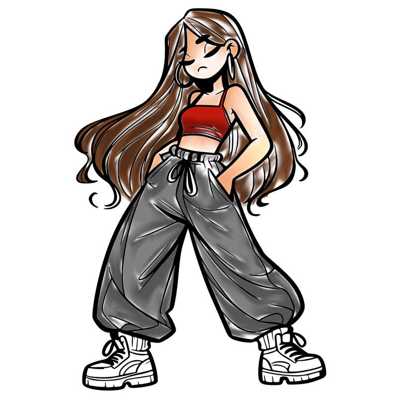 girl in baggy pants crop top and long hair